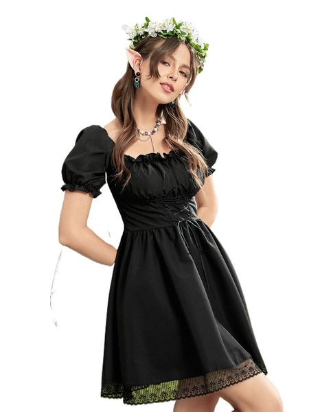 

ruched bust shirred back puff sleeve lace up front dress v9z5#, Black;gray