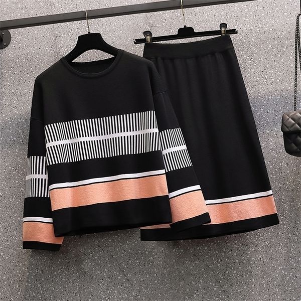 

runway korean womens knitted pullover stripes sweater female high waist elegant slim skirt 2 pieces set suit 220817, White