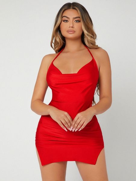 

sxy tied backless -split hem dress 36oe#, Black;gray