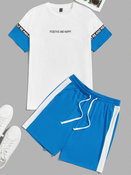 

men letter graphic tape detail & contrast sideseam track shorts set 24er#, Gray