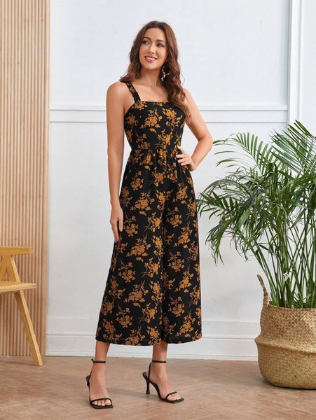 

emery rose floral print wide leg cami jumpsuit s573#, Black;white