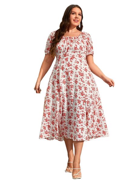 

plus floral print puff sleeve knot front split thigh dress i8bf#, Black