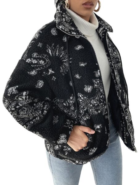 

paisley scarf print drop shoulder drawstring teddy coat q1nh#, Black