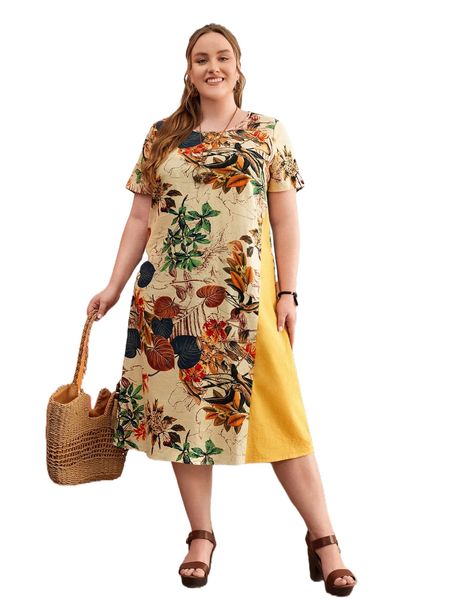 

emery rose plus tropical print tunic dress f034#, Black