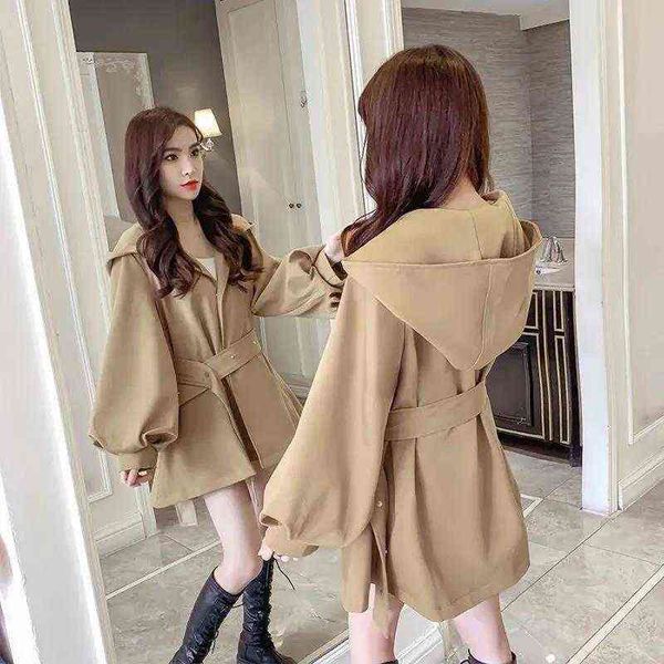 

women's trench coats fashion hooded windbreaker coat women's 2022 spring and autumn style small man lantern sleeve leisure british, Tan;black
