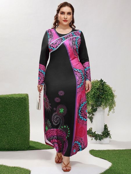 

plus floral print colorblock high low hem dress y5d6#, Black