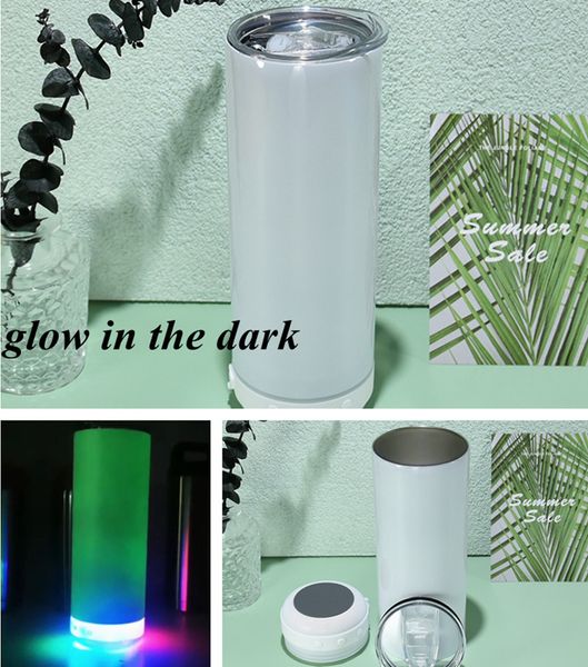 Sublimation, leuchtet im Dunkeln, Bluetooth-Lautsprecher, 590 ml, gerade Becher, weiß, Audio-Edelstahlboden, cooler Musikbecher, kreativer doppelwandiger Becher