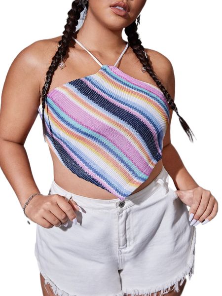 

plus colorful striped backless knot bandana hem halter 15ni#, Black