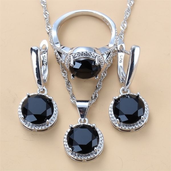 

sell well wedding 925 mark jewelry sets black zircon dangle earrings and necklace ring 3 piece set women trendy costume 220716, Silver