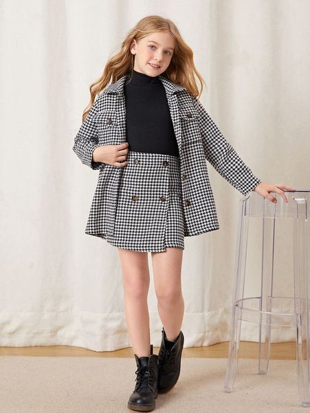 

girls houndstooth flap pocket tweed coat & double breasted skirt she, White