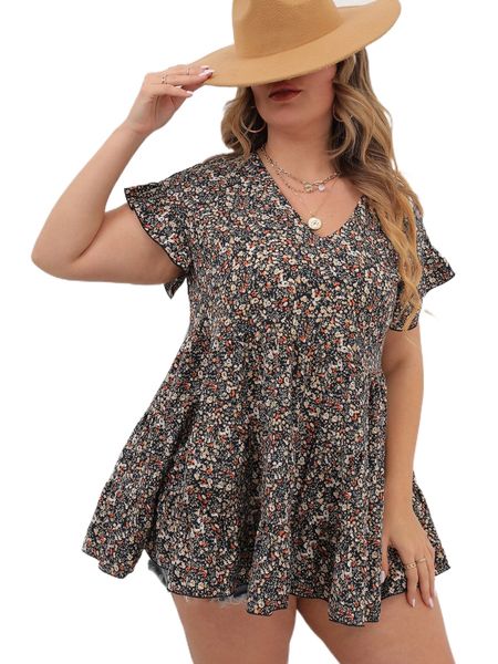 

plus ditsy floral ruffle trim blouse s25q#, Black