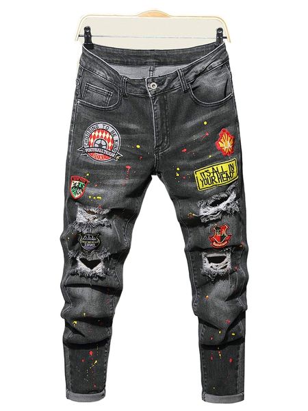 

men patched detail splash ink ripped jeans v7yl#, Blue