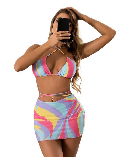 

allover print criss cross bikini swimsuit with beach skirt w8ip#, White;black