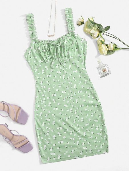 

daisy print frilled ruched bust tie front cami dress a1ue#, Black;gray