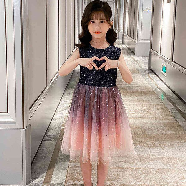 

girls dress spring princess dress fashion flower girl puffy yarn piano come children starry sky dress l220715, Red;yellow