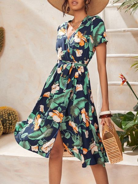 

tropical print surplice neck belted dress u8pv#, Black;gray