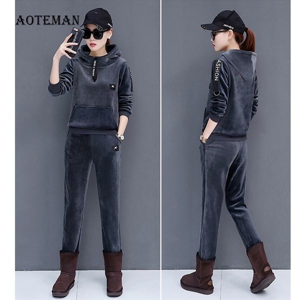 

autumn winter women velvet tracksuits tick warm pullover hoodies sweatshirts pants gold velvet sets female outfits suits y200110, White