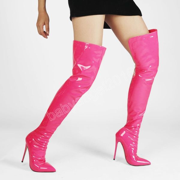 Trendige Damen Overknee-Stiefel mit spitzem Stiletto-Absatz, Neon-Lackleder, sexy langer Stiefel, rosa, lila, grün, moderne Stiefel