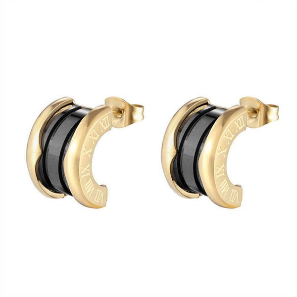 

classic design stainless steel roman numeral semicircle ceramic stud earring gift for women love earring female vintage jewelry2351, Golden;silver