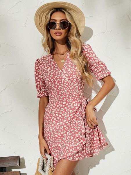 

floral print puff sleeve ruffle trim wrap knot side dress k5cv#, Black;gray