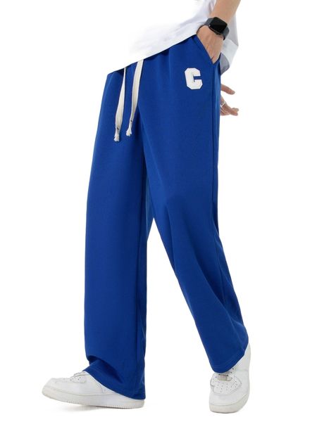 

men letter patched detail drawstring waist pants a78r#, Black