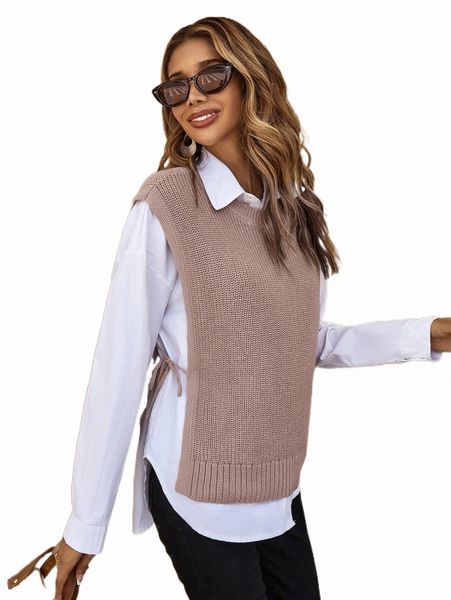 

1pc knot side sweater vest l938#, White;black