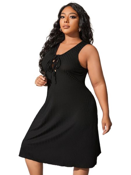 

sxy plus ribbed knit lace up front dress j8fc#, Black