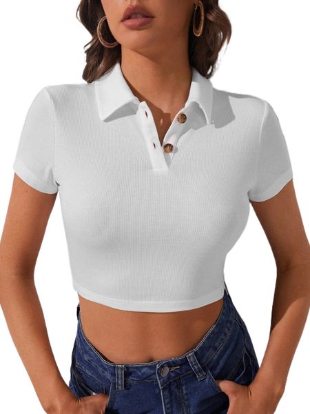 

tall half button placket crop tee h7fc#, White