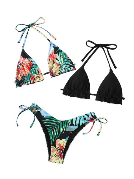 

3pack tropical frill trim halter triangle bikini swimsuit c1nu#, White;black