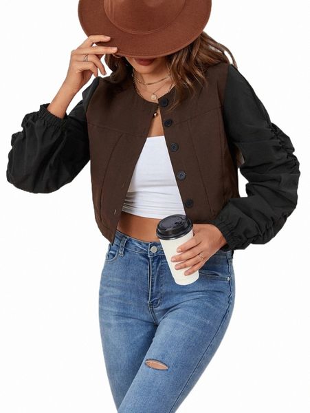 

colorblock ruched sleeve button up crop jacket k8ln#, Black;brown