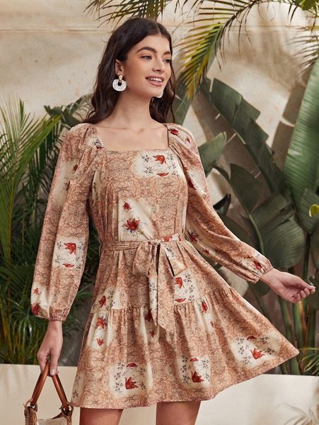 

allover print belted dress j7do#, Black;gray