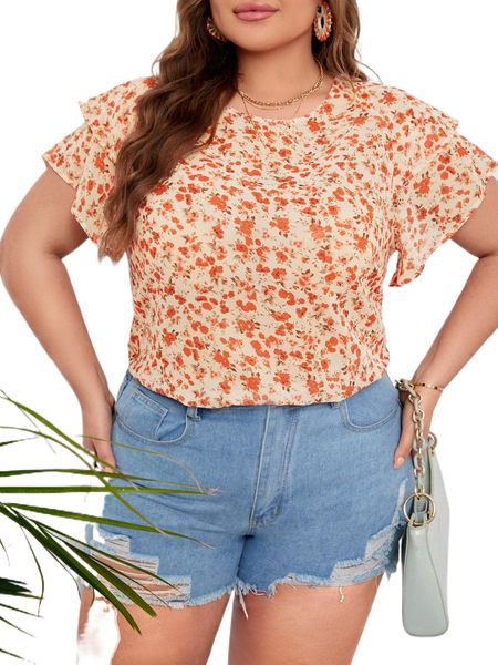 

plus ditsy floral butterfly sleeve blouse 91or#, Black