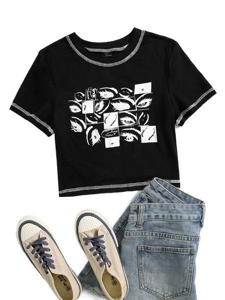 

eye print stitching tee 38kc#, White