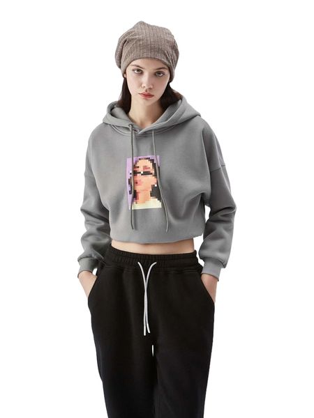 

figure print drop shoulder hoodie a9di#, Black