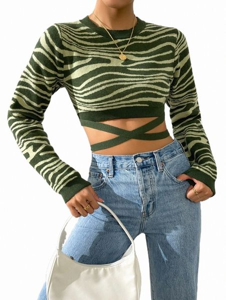 

allover pattern crisscross tie back crop sweater w1jf#, White;black