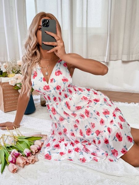

random floral print shirred frill trim chiffon cami dress y8ox#, Black;gray