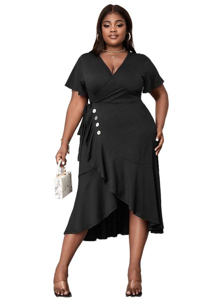 

sxy plus butterfly sleeve button detail ruffle trim wrap dress y63f#, Black