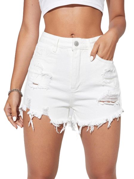 

raw hem ripped denim shorts 28oi#, White;black