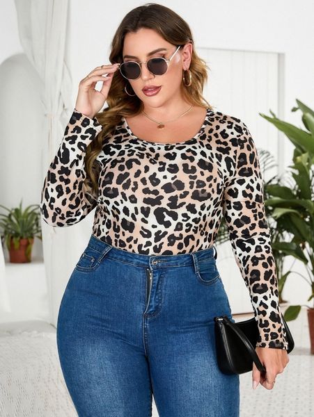 

plus leopard scoop neck bodysuit c6dz#, Black