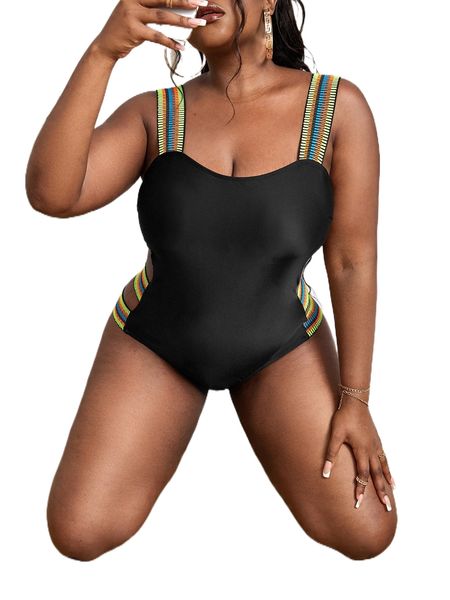 

plus striped tape panel cut out one piece swimsuit c4gr#, White;black