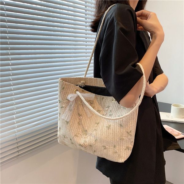 

simple straw temperament shoulder tote bag bow small fresh woven handbag popular
