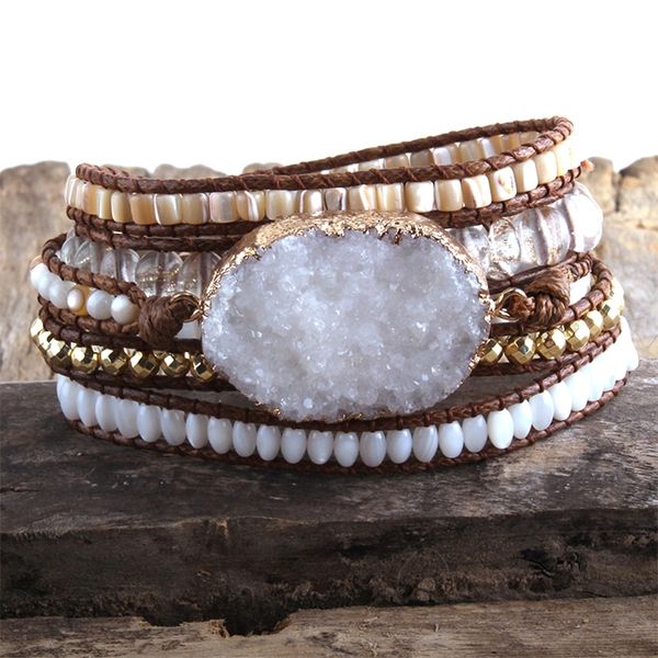 

rh fashion boho jewelry beaded bracelet big white druzy stone charm 5 strands wrap bracelets dropship 220426, Golden;silver