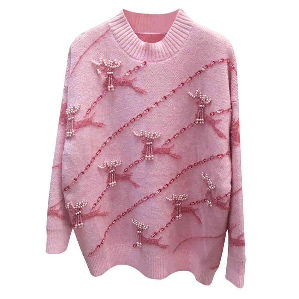 

women's sweaters autumn winter heavy industry nail bead sequin sweater pearl pendant tassel elk jacquard loose knit blouse women, White;black