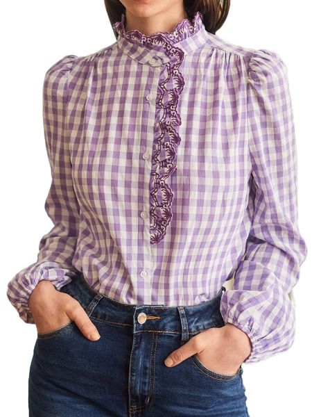 

gingham floral embroidery frill trim lantern sleeve blouse j4fr#, White