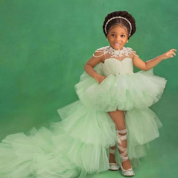 Mädchenkleider 2022 Blumenmädchen für Hochzeiten Spitze appliziertes Tutu Puffy Rock High Low Kleine Kinder Prinzessin Geburtstagskleid Pageant Kleider