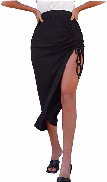 

women's ruched drawstring bodycon midi skirt high waist split thigh solid skirts a4ky#, Black;gray