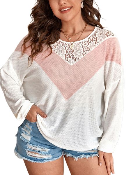 

plus contrast lace colorblock drop shoulder sweater s6yg#, Black
