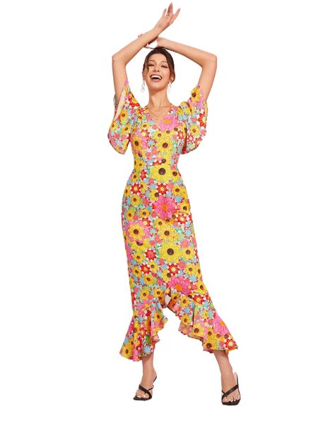 

x sangeetha allover floral print flutter sleeve asymmetrical ruffle hem dress h1zo#, Black;gray