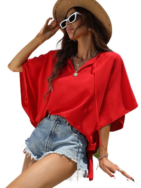 

tie neck batwing sleeve blouse u87f#, White