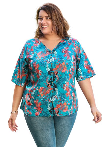 

emery rose plus plants print fake buttons blouse m7cu#, Black